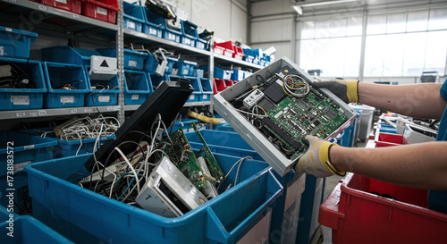 Hands discard old electronic components and computer parts into a bin for recycling.Concept of electronic waste for responsible disposal.