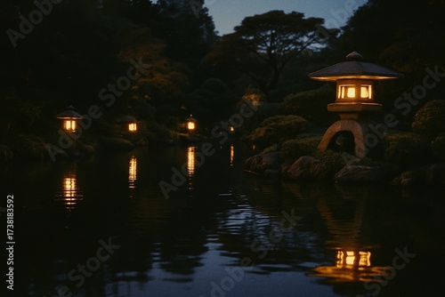 A Japanese garden pond at dusk, with lanterns glowing softly along the water’s edge, casting golden reflections across the surface.