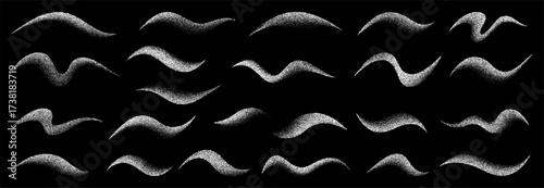 White gradient dot grain stipple noise vector illustration set of abstract wave shapes. Modern texture elements for design.