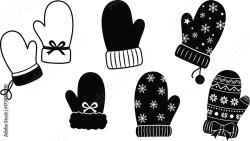 Winter mitten illustrations, festive glove designs, holiday accessory vector, black and white clipart, snowflake and bow patterns, seasonal fashion graphic