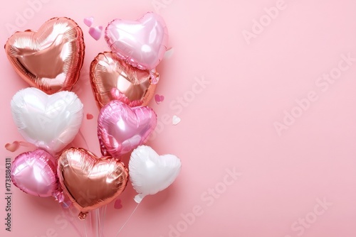 Heart shaped balloon. White silver and pink colored party balloons on a pastel background. Glossy, shiny foil balloons. Good for anniversary wedding, celebration birthday. Happy St. Valentine's day.