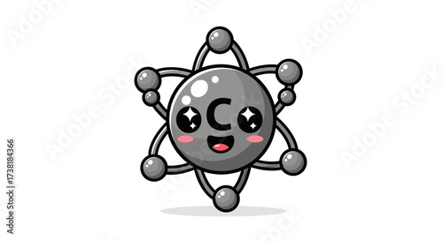 A charming kawaii carbon atom molecule illustration with a playful and endearing expression