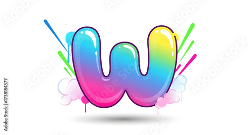 A vibrant letter W design featuring a colorful, glossy, and cartoonish style perfect for