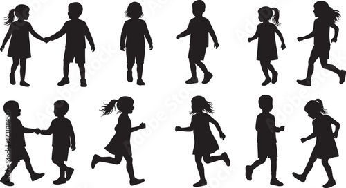Silhouettes of children walking, running, and interacting in playful poses, ideal for education, childhood, friendship, and social behavior themed vector designs