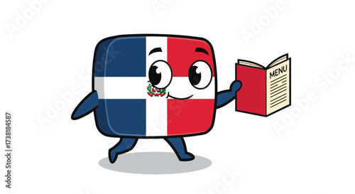 Cartoon flag of Dominican Republic with cheerful expression holding menu guide