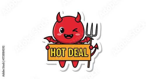 Cartoon demon presenting a sizzling hot deal with a mischievous wink and playful pitchfork