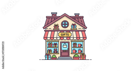 Charming gift shop building with striped awning filled with delightful presents and gifts