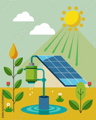 A solarpowered irrigation system kept the crops nourished and watered conserving energy and saving the farm money.. Vector illustration