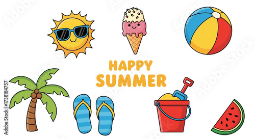 Cheerful Summer Icons Set with Sun, Ice Cream, Beach Ball, Sand Bucket, Palm Tree and Flip Flops