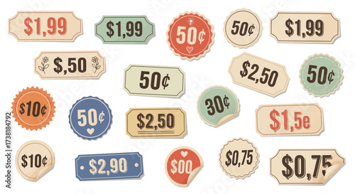 Collection of vintage style price tags and stickers displaying various prices and discounts