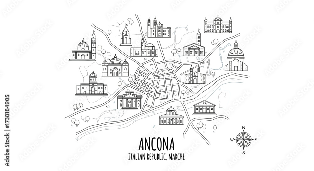 Obraz premium Detailed map showcasing prominent architectural buildings and urban layout of Ancona Italy