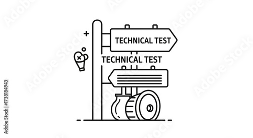 Directional signage showcasing technical test, indicating skill assessment requirements of