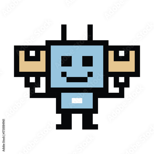 Cartoon cute pixel art of Humanoid robot or ai learning skill robotic chat bot robots business vector character automation background 8 bit decoration.
