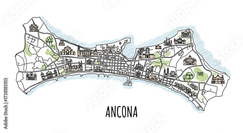 Hand-Drawn Ancona City Map with Architectural Highlights and Coastal Features Artwork