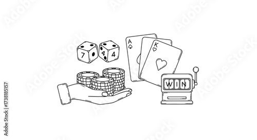 Hand-drawn line art illustration showcasing casino elements and gaming excitement design concept