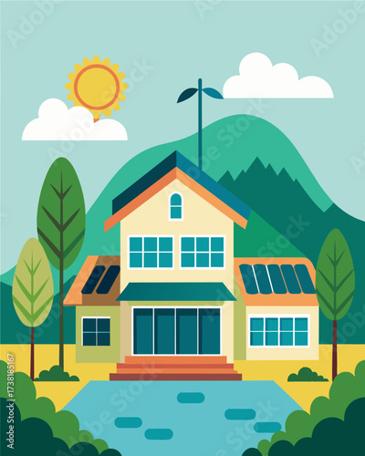 A small private school in a coastal town prides itself on being completely selfsufficient in terms of energy with their solar panels supplying all the power needed for their. Vector illustration