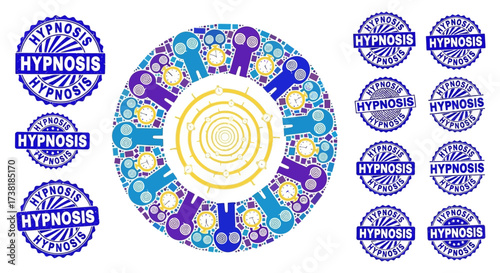 Hypnotic time distortion circle emblem and stamp collection for time management visualization