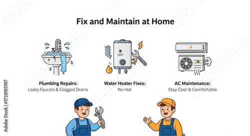 Illustrated home repair and maintenance services with plumbing, water heater, and AC solutions