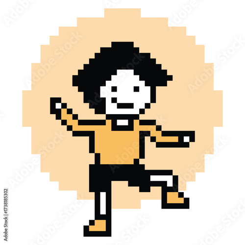 Cute cartoon pixel character cute man exercises training aerobic dance lifestyle music decoration life style 8 bit male boy dance background with music game 8bit fitness vector.