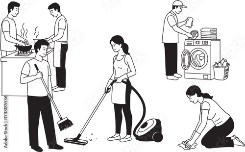 Silhouettes of people doing household chores like cooking, cleaning, vacuuming, laundry, sweeping, scrubbing, ideal for domestic, lifestyle, and vector design