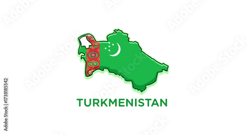 Stylized Turkmenistan map illustration displaying national flag elements and borders