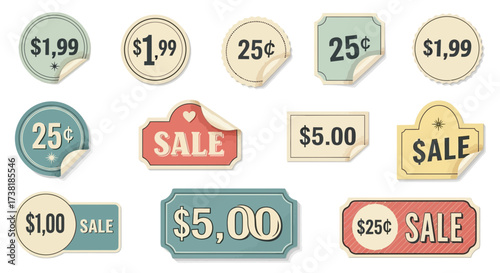 Vintage Style Price and Sale Stickers with Rolled Edges for Commercial Use Collection