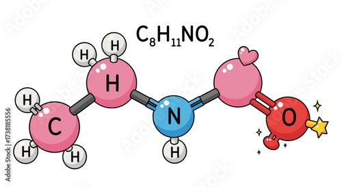 Whimsical chemical structure illustration with playful elements and bright colors design