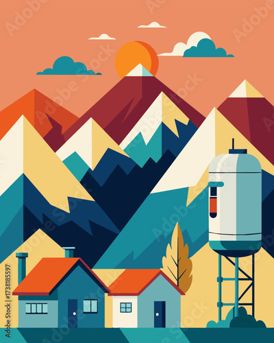 Against a backdrop of towering mountains a small settlement of homes proudly displays their new solarpowered water heater systems a symbol of progress and sustainability.. Vector illustration