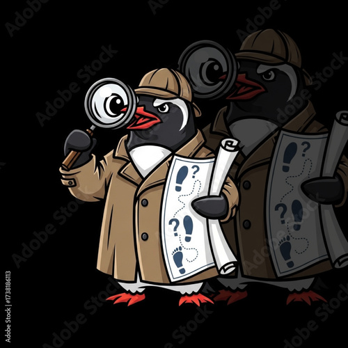 Intriguing penguin detective unraveling mystery with magnifying glass and footprint map, perfect for playful designs needing a touch of whimsical investigation