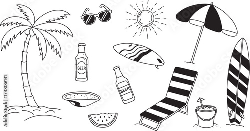 Beach-themed black and white illustration with umbrella, surfboards, drinks, watermelon, sunglasses, perfect for summer, vacation, leisure, and tropical vector design