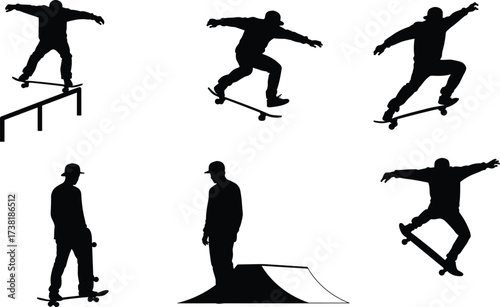 "Silhouette vector illustration of skateboarders performing tricks, jumps, stunts, grinding, and freestyle moves in dynamic urban extreme sports style"