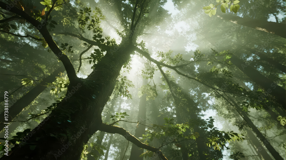 Fototapeta premium Sunlight penetrating through forest hope healing natural scenery background