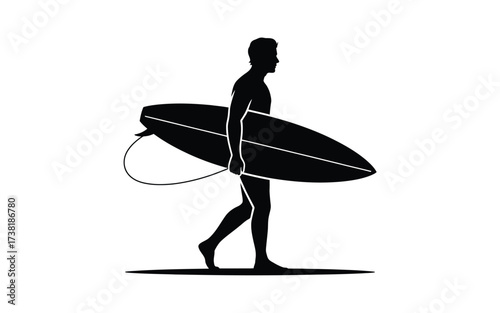 Silhouette of a surfer carrying a surfboard walking towards the ocean waves