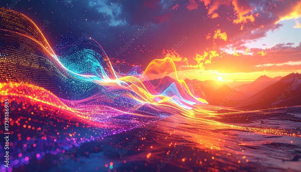 Obraz premium A vibrant digital landscape showcasing colorful wave patterns against a stunning sunset backdrop, blending technology and nature beautifully.