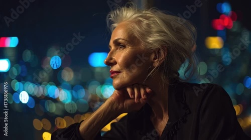 Contemplative Woman at Night, City Lights