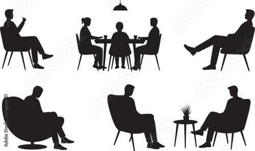 Silhouettes of seated people in relaxed, conversational, and thoughtful poses, ideal for lifestyle, behavior, interior design, and vector illustration themes
