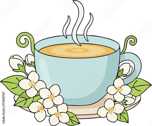 Elegant Blue Teacup with Steaming Jasmine Tea and White Blossoms Vector – Decorative Floral Herbal Drink Illustration on Saucer