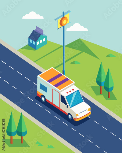 A solarpowered roadside assistance unit sits discreetly on the side of a busy highway blending seamlessly into its surroundings while providing vital services to those in need.. Vector illustration