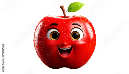 3D cartoon apple, glossy, cute expression, isolated on transparent background