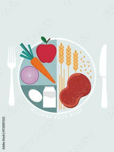 Illustration of a balanced diet plate with healthy food and cutlery