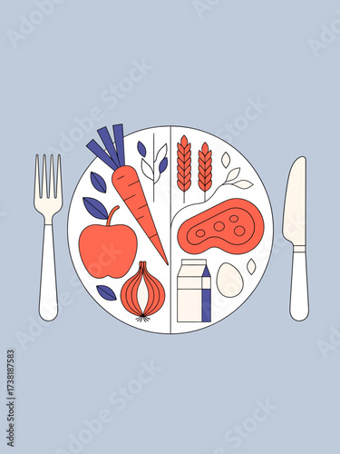 Illustration of a balanced diet plate with healthy food and cutlery