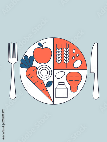 Illustration of a balanced diet plate with healthy food and cutlery