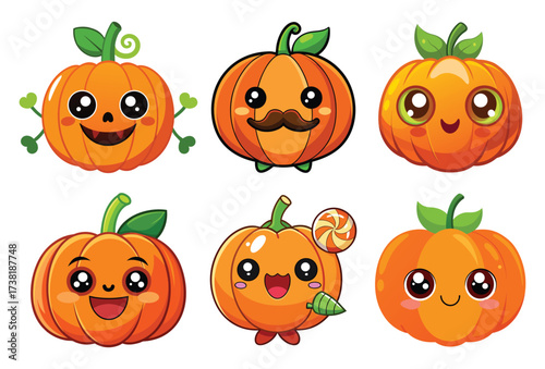 Funny cartoon fruit and vegetable set with happy faces and a halloween pumpkin illustration