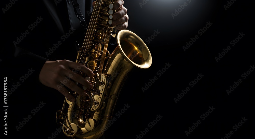 Obraz premium Jazz Saxophone Player: Close-up of Hands on Brass Instrument for Music, Performance, and Night Club Vibe 