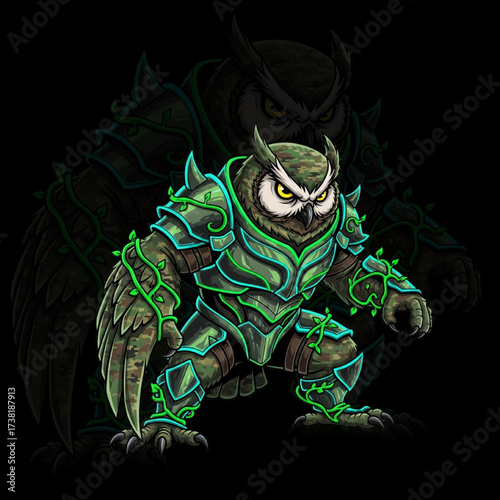 Epic owl warrior clad in vibrant green armor, a fierce protector ready for battle, perfect for fantasy games, book covers, and mythical illustrations