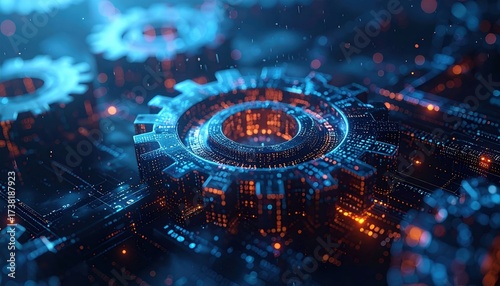 A futuristic, digital scene featuring interconnected gears and glowing circuits, symbolizing technology and innovation.