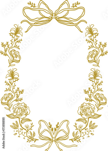 Elegant gold floral border with bow, ideal for wedding invitations, certificates, and decorative designs.
