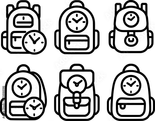 Backpacks Carrying Timepieces Icon Set