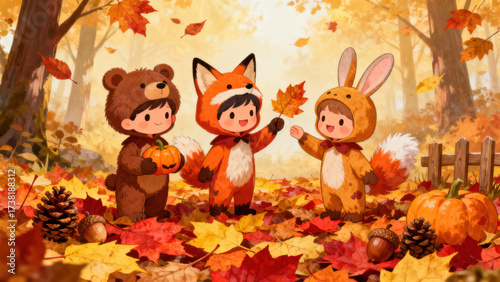 Cute illustration of three children dressed in animal costumes, standing in autumn forest filled with colorful fallen leaves, pumpkins, pinecones, and acorns, creating festive and cozy fall scene