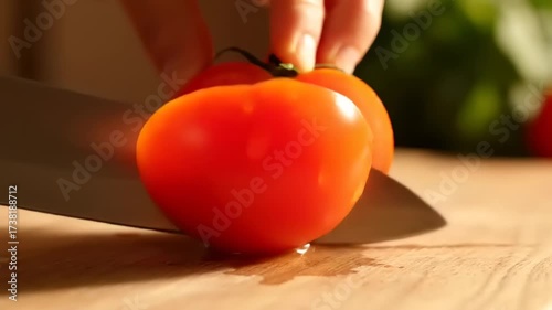 Close-up of Ripe Red Tomato Being Sliced in Half on a Wooden Cutting Board